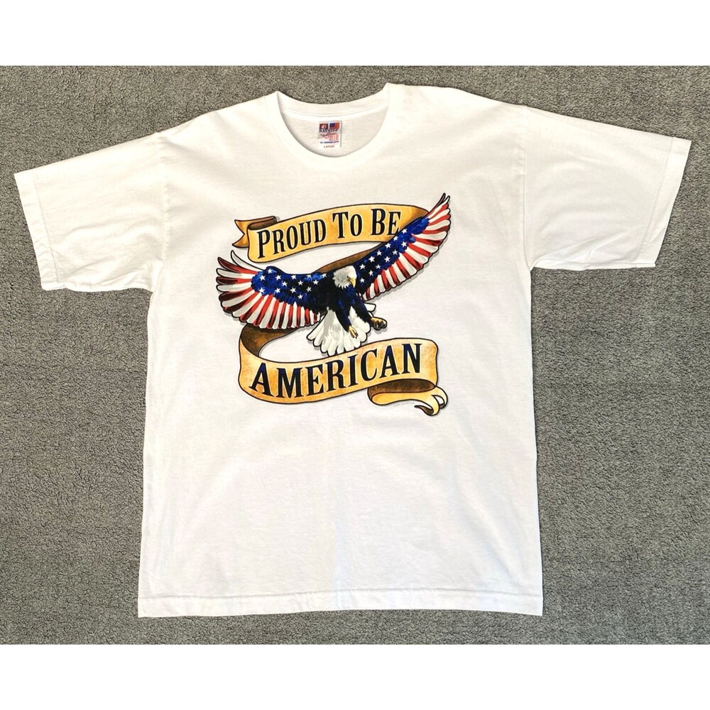 Bayside Mens Proud To Be An American T-Shirt White Short Sleeve Made in USA Sz L